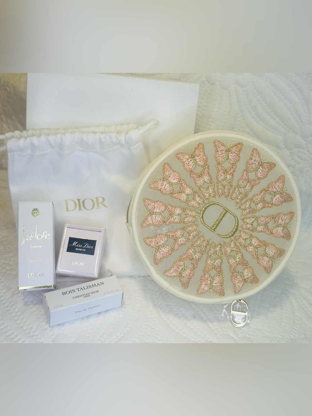 Beautiful Embroidered Butterfly Round Cosmetic Pouch in Cream & Pink